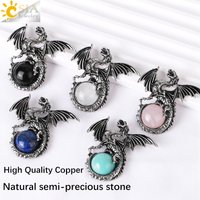 CSJA Vintage Wing Dragon Crystal Necklace for Men Women Natural Stone Round Gem Stone Crystals Obsidian Pendants Jewelry H146