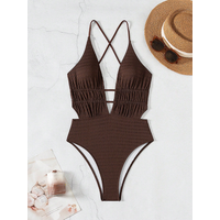 Women's Textured One Piece Swimsuit - Deep V Neck Cutout Monokini, Spaghetti Straps Ruched Bathing Suit for Beach Pool, High Cut