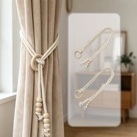 2PCS Minimalist Curtain Holdbacks, Braided Curtain Tiebacks with Wooden Ring, Beads & Tassel