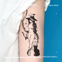 Witch Cat Herbal Juice Tattoo Sticker Temporary Tattoos Man Fake Tatto Half Arm Waterproof Trendy Sexy Hotwife Art Bodyart Charm