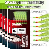 5packs green Sabiki Rig, high carbon steel fishhook with luminous beads, efficient mackerel and sardine accessories