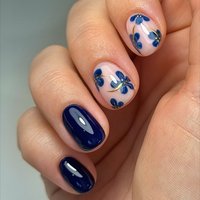Short square fake nails for women gilrs spring summer flowers in deep blue golden colors full cover press on acrylic false nail