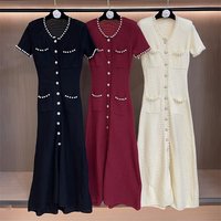 High-quality summer new women's luxury round neck heavy beaded short sleeve knit dress, fashionable and elegant banquet dress