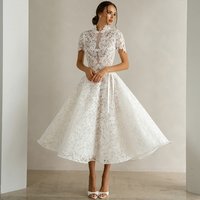 Simple Customized Tea Length Bridal Gowns Luxury Organza Short Sleeves Wedding Dress Exquisite Appliques A-Line