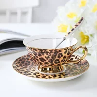 Luxury Leopard Print Bone China Coffee Cup Set Europe Porcelain Afternoon Tea Cup Saucer Spoon Ceramic Mug Cafe Party Drinkware