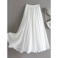 Elegant Double Layer White Maxi Skirt Women's Chiffon Half-length A-line Skirt Casual High-waisted Polyester Fiber