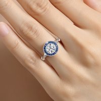 925 Sterling Silver 1ct Round Cut VVS1 Moissanite Blue Corundum Halo Retro Promise Style Suitable for Women's Engagement Jewelry