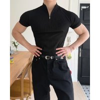 Summer New Men's Sportswear Casual Running And Fitness Stretch Solid Color Zipper Simple Striped Thick Short-sleeved T-shirt