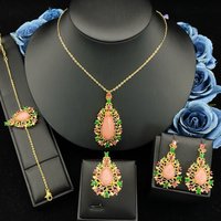 Falair Fashion Copper Plated Gold Zirconia Jewelry Set for Women Bracelet Necklace Earrings Ring Party Accessory Gift