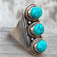 Women's Vintage Bohemian Designed Synthetic Turquoise Ring Fashion Exquisite Vacation Banquet Silvery Plated Jewelry Accessories