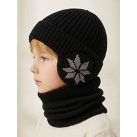 2pcs 3-10Y Cross-border Snowflake Ear-protecting Children's Hat and Scarf Set, 2 Pieces, Winter Outdoor Knitted Hat with Fleece