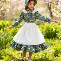 Girls Pioneer Costume Pastoral Causal Dress+Cap+Apron+Bonnet 4Pcs Sets For Children Fancy Party Dress Medieval Vintage Dress