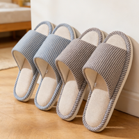 Men's Slip-Resistant Linen Slippers Spring Summer Breathable House Shoes for Indoor Use, Non-Slip Stripe Design with Open Toe