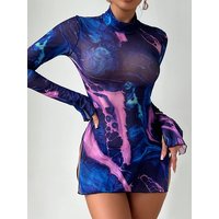 Thin Mesh Tie-dyed Long Sleeve Mini Dress Sexy Women High Neck Thin Mesh Transparent Side High Slit Dress Elegant Korean WU3R