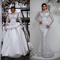 Glamorous Hand Made Flowers Wedding Dress Mermaid Long Sleeve Lace Brida Gowns Customized Bridal Dresses Couture