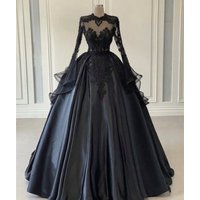 Gothic Black Wedding Dress Long Sleeves Lace Appliques Satin Floor Length A-Line Vintage Bridal Gowns Customized