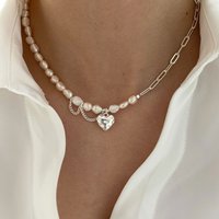 Silver Color Necklace for Women Trendy Elegant Asymmetry Chain Pearls Smooth LOVE Heart Bride Jewelry Lover Gifts