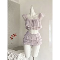 2026 Summer French Vintage 2 Piece Set for Women Lace Ruffle Tops + High Waist Design Mini Skirt Chic Beach Style Female Outfits