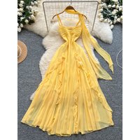 Elegant Summer Vacation Style Chiffon Dress with Sash Slimming Asymmetrical Korean High Waist A-Line Short Sleeve Dress