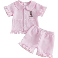 Summer Easter Kids Toddler Baby Boys Girls Pajamas Set Bunny Embroidered Striped Button Short Sleeve Top Shorts Clothes