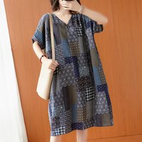 Fashionable V-Neck Midi Dress Cotton Linen Print Short Sleeve Women's plus Size Clothing Comfortable Breathable Summer Dress
