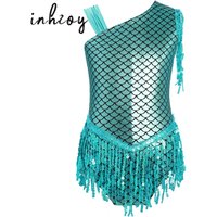 Kids Girls Metallic Fish Scale Dance Leotard Bowknot Back Shiny Sequins Tassels Jazz Ballet Bodysuit for Halloween Performance