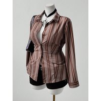New Plus Size Y2k Retro Brown White Striped Slim Blouse Tops Classic Collared Button-Down Long Sleeve Shirt Formal Office Attire