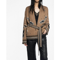 Fashionable Retro Printed Knitted Cardigan Lace Up Trendy Designer Female Elegant Top Stylish Chic Women's Autumn Street Wear