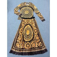 Retro geometric printed knitted mesh elastic pullover two-piece set for 2026 spring women's clothing+loose skirt fashion set