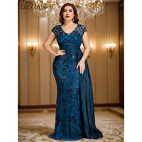 Lucyinlove Plus Size Elegant Cap Sleeves Sequins Patchwork Ribbon Formal Evening Dresses Luxury V-neck Floor-Lenght Party Gowns