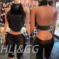 HLJ&GG Sexy Fur Halter Backless Top Two Piece Sets Women Slim Crop Top And Leather Side Hollow Bandage Shorts Outfits Streetwear