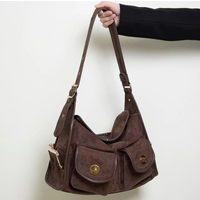 Suede Shoulder Bag Creative Double Pocket Underarm Bag Vintage Women's Bag Large Capacity Commuter Bag Retro Adjustable Handbags