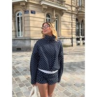 HH Spring Women Polka Dot 2 Piece Set Turtleneck Zipper Jacket High Waist Slim Shorts Casual Office Lady Suits Chic Outfits