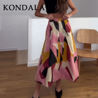 KONDALA 2026 Spring Summer Casual Women Print Skirts Fashion Elegant Loose Zipper Streetwear Chic Ladies Long Skirts