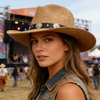 1PC Straw Western Cowboy Hat Black Leather Band Silver Concho Wide Brim Unisex Cosplay Accessory for Music Festival Western Part