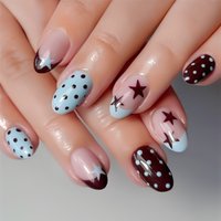 24PCS Blue Brown False Nails Star Polka Dot Press On Nails False Nails Press On Nails Women Daily Wear Wearable False Nails