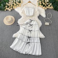 Elegant butterfly mesh pleated sweet Spliced Beach Vacation Party Dress Women Summer A-line Vestidos Two Piece Set