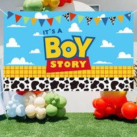 It's a Boy Story Baby Shower Backdrop, Cow Print Yellow Plaid Sky Blue Cartoon Photography Background, Toy Story Inspired Boys