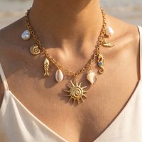Ocean Charm Necklace Sun Seahorse Shell Pearl Fish Pendant Statement Stainless Steel Golden PVD Plated Jewelry