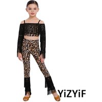 Girls Leopard Print Dance Outfit Tassel Accents Long Sleeve Crop Top And Elastic Waist Pants for Latin Tango Dance Performance