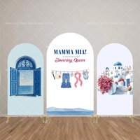 Mehofond Arch Backdrop MAMMA MIA Retro Blue Carved Blinds Baby Clothes Baby Shower Red Triangle Plum Photo Background Decoration