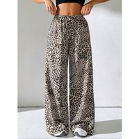Plus Size 1XL-5XL New Women Wide Leg Pants Casual Loose Plaid Elastic Waist Lace Up Straight Trousers