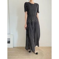 Chic Polka Dot Long Dress Women's Drawstring Waist Slimming Skirt Bubble Sleeve Pleated Korean Style Summer Commute Dress