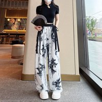 Women's Thin Casual Ice Silk Chiffon Wide Leg Pants 2025 Summer New Style Strap Drop Straight Tube Floor Trousers Korean Women