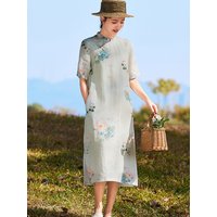 Chinese Style Women Cheongsam Dress New Arrival 2026 Summer Vintage Floral Print 100% Ramie Ladies Elegant Long Dresses M2791