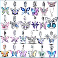 Butterfly Dangle Charm 925 Silver Original Pink Blue Zircon Fly Butterflies Charms Fit Bracelet DIY Jewelry For Women Gift