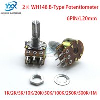 2PCS WH148 Dual-Gang Potentiometer Shaft Length 20mm 6PIN Audio Volume Control Knob B1K/2K/5K/10K/20K/50K/100K/250K/500K/1M
