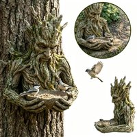 Resin Tree Face Bird Feeder Mounted On Tree Trunk Old Man Sculpture Bird Seed Holder Creative Garden Backyard Outdoor Art Decor