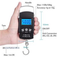 110lb/50kg Electronic Scale Blue Backlight LCD Display with Measuring Rule Tape Balance Digital Fishing Hanging Hook Scale Tool