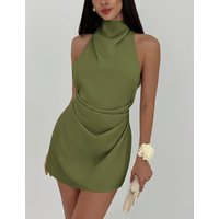 Women's Pleated High-neck Backless Tie-waist Mini Dress Slip Satin Mini Dress Evening Party Cocktail Dress